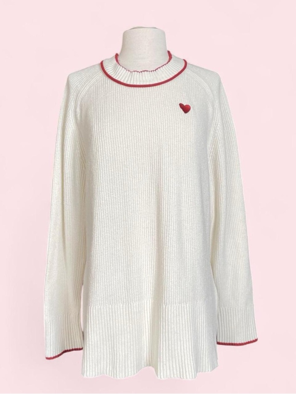 a new day Cream Sweater with Red Trim and Embroidered Heart Detail